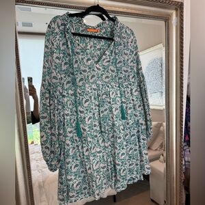 Oliphant Teal, White Paisley Tunic V-neck Dress